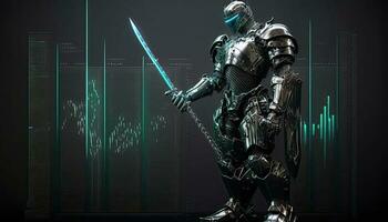 ein Cyborg halten ein futuristisch Schwert, Digital Hologramm Grafiken Hintergrund, Digital Kunst Stil. generativ ai. foto