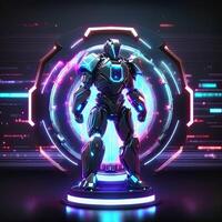 Roboter , Neon- Hightech Konzept, Sport Spiel von Cyberpunk Wissenschaft Fiktion, ein Szene Stand Sockel Bühne, Illustration, und futuristisch Neon- glühen. generativ ai foto