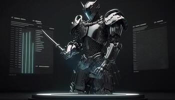ein Cyborg halten ein futuristisch Schwert mit holographisch Bildschirm auf dunkel Hintergrund. generativ ai. foto