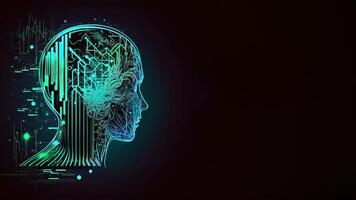 künstlich Intelligenz im Humanoid Kopf mit neural Netzwerk, Digital Gehirn Lernen wird bearbeitet groß Daten. Gesicht von Cyber Geist. generativ ai Technologie und Raum zum Ihre Botschaft. foto