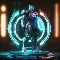 Roboter , Neon- Hightech Konzept, Sport Spiel von Cyberpunk Wissenschaft Fiktion, ein Szene Stand Sockel Bühne, Illustration, und futuristisch Neon- glühen. generativ ai foto