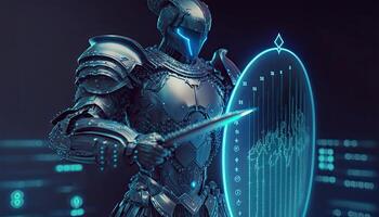 ein Cyborg halten ein futuristisch Schwert mit Schild, holographisch Bildschirm auf dunkel Hintergrund. generativ ai Illustration. foto