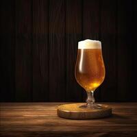 Glas von kalt Bier auf rustikal hölzern Tisch, dunkel Hintergrund. generativ ai. foto