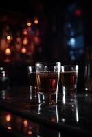 kalt Scotch, Whiskey Brille auf dunkel Tabelle Hintergrund. generativ ai. foto
