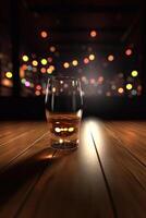 alkoholisch Glas auf das hölzern Tabelle und verschwommen Beleuchtung Hintergrund, generativ ai. foto