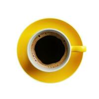 Overhead Aussicht von schwarz Tee oder Kaffee Tasse mit Gelb Untertasse 3d Symbol. foto