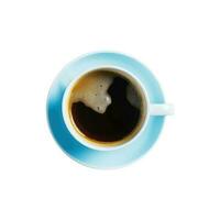 Overhead Aussicht von schwarz Tee oder Kaffee Tasse mit Blau Untertasse 3d Symbol. foto