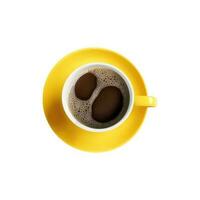 Overhead Aussicht von schwarz Tee oder Kaffee Tasse mit Gelb Untertasse Symbol. foto