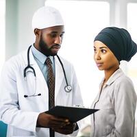 Nahansicht Porträt von afrikanisch Muslim männlich Arzt erklären zu Krankenschwester oder geduldig beim Arbeitsplatz, generativ ai. foto