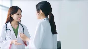 abgeschnitten Bild von asiatisch weiblich Ärzte reden jeder andere auf Weiß Hintergrund, generativ ai. foto