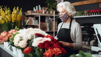 Seite Aussicht Porträt von Alten weiblich Florist tragen Maske während Stehen im ihr Blumen- Geschäft, generativ ai. foto