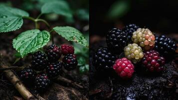 schön organisch Hintergrund von frisch Süss Brombeeren im zwei Bild. erstellt durch generativ ai Technologie. foto