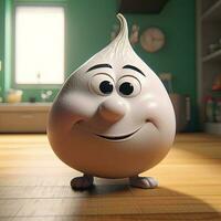 3d pixar Charakter von süß lächelnd Knoblauch Karikatur beim glänzend Zimmer. generativ ai. foto
