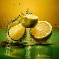 realistisch Zitrone Scheiben planschen in Wasser auf Gelb und Grün Hintergrund, generativ ai Technologie. foto