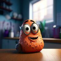 pixar Stil kichern Süss Kartoffel 3d Charakter auf glänzend Küche Zimmer. generativ ai. foto