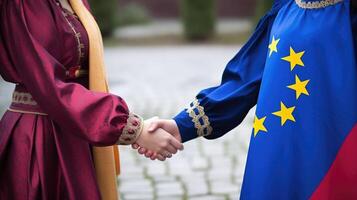 freundlich oder beiläufig Handschlag zwischen multikulturell Frauen mit EU Flagge. generativ ai. foto