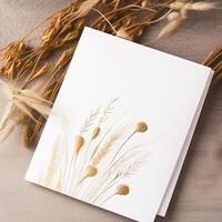 Weiß Papier Karte mit golden Blumen- Prägung Attrappe, Lehrmodell, Simulation auf Beige Hintergrund, generativ ai. foto