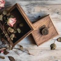 oben Aussicht von öffnen Jahrgang Holz Box mit getrocknet Rose Blumen auf Planke Textur Tabelle Spitze, generativ ai. foto