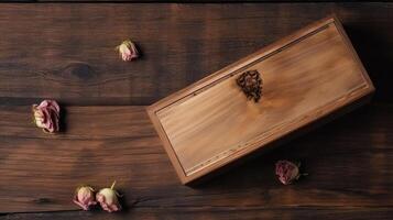oben Aussicht von Jahrgang hölzern Box und getrocknet Rosen auf alt Planke Textur Tisch, generativ ai. foto