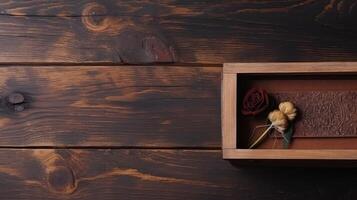 getrocknet Blumen Innerhalb Holz Box auf alt Planke Textur Tabelle Spitze, generativ ai. foto