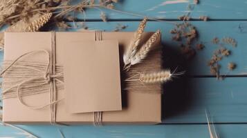 oben Aussicht von rustikal Stil verpackt Geschenk Box mit Sackleinen Gewinde, golden getrocknet Korn Gras auf Jahrgang hölzern Tisch, generativ ai. foto