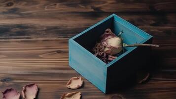 oben Aussicht von trocken Rose Blume Innerhalb öffnen Box auf Jahrgang hölzern Tisch, generativ ai. foto