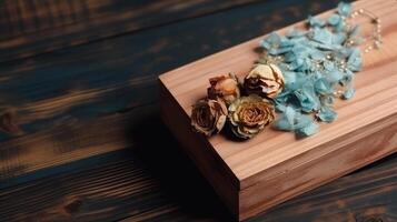 oben Aussicht von trocken Rosen und künstlich Blumen- oder Schmuck auf hölzern Box beim Planke Textur Tisch. generativ ai. foto