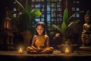 ein jung Buddha sitzt im ein Garten mit ein Lotus und Kerzen. Hintergrund zum vesak Festival Feier. vesak Tag Konzept. vesak Feier Tag Schöne Grüße durch ai generiert foto