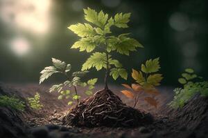 Pflanze wachsend im Bauernhof Boden oder Wald mit Sonnenlicht beim Tageszeit. jung Pflanze ist wachsend. Welt Erde Tag. Welt Umgebung Tag. Erde Erhaltung, Ökologie oder global Erwärmen durch ai generiert foto