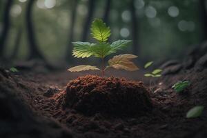 Pflanze wachsend im Bauernhof Boden oder Wald mit Sonnenlicht beim Tageszeit. jung Pflanze ist wachsend. Welt Erde Tag. Welt Umgebung Tag. Erde Erhaltung, Ökologie oder global Erwärmen durch ai generiert foto