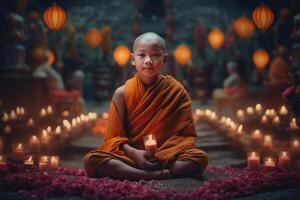 ein jung Buddha sitzt im ein Garten mit ein Lotus und Kerzen. Hintergrund zum vesak Festival Feier. vesak Tag Konzept. vesak Feier Tag Schöne Grüße durch ai generiert foto
