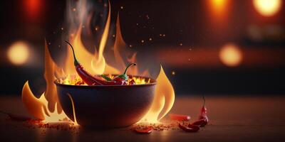 Illustration von Schüssel von Chili mit Chili Pfeffer, Flammen und Feuer ai generiert foto