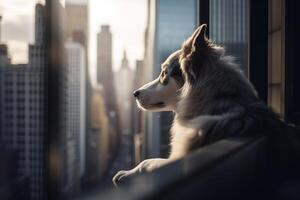 Sehnsucht Ansichten ein Hund Blick aus von ein Hochhaus Fenster auf zu ein geschäftig Stadtbild ai generiert foto