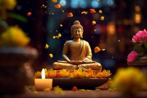 ein Buddha sitzt im ein Garten mit ein Lotus und Kerzen. Hintergrund zum vesak Festival Feier. vesak Tag Konzept. vesak Feier Tag Schöne Grüße durch ai generiert foto
