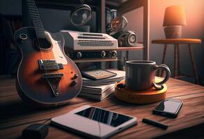 Foto Musik- Objekte mit Gitarre, Gadget und Kaffee auf das Tabelle im klassisch Stil. schön elektrisch Gitarre auf mit Kopfhörer und Desktop Musical Kreativität Konzept. Welt Musik- Tag durch ai generiert
