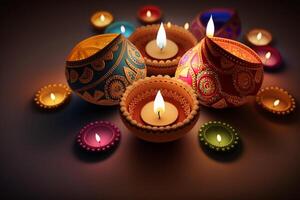glücklich Diwali oder Deepavali traditionell indisch Festival mit Lampe oder Himmel Laterne. indisch Hindu Festival von Licht mit Lampe oder Licht. Nacht Himmel schwebend Laternen während Diwali Feier durch ai generiert foto