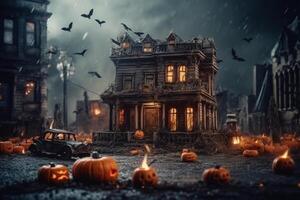 verfolgt Haus auf Halloween Feier Konzept. gespenstisch Haus Halloween Hintergrund mit verlassen Gebäude und Kürbis. unheimlich Haus mit gruselig Gebäude beim Nacht durch ai generiert foto