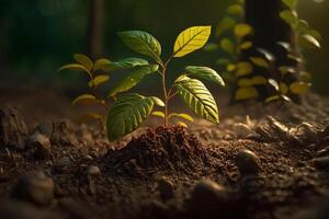 Pflanze wachsend im Bauernhof Boden oder Wald mit Sonnenlicht beim Tageszeit. jung Pflanze ist wachsend. Welt Erde Tag. Welt Umgebung Tag. Erde Erhaltung, Ökologie oder global Erwärmen durch ai generiert foto