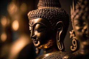 ein thailändisch Buddha Statue sitzt und meditieren beim Buddhist Tempel. uralt Thailand Buddha Gesicht. Hintergrund zum vesak Festival Feier. vesak Tag Konzept. vesak Feier Tag Schöne Grüße durch ai generiert foto