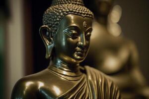 ein thailändisch Buddha Statue sitzt und meditieren beim Buddhist Tempel. uralt Thailand Buddha Gesicht. Hintergrund zum vesak Festival Feier. vesak Tag Konzept. vesak Feier Tag Schöne Grüße durch ai generiert foto