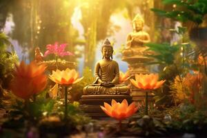 ein Buddha sitzt im ein Garten mit ein Lotus und Kerzen. Hintergrund zum vesak Festival Feier. vesak Tag Konzept. vesak Feier Tag Schöne Grüße durch ai generiert foto