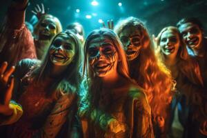 Jugendliche freunde im Kostüme feiern und haben Spaß beim Halloween Party. jung Menschen beim Kostüme Party Halloween Feier Konzept durch ai generiert foto