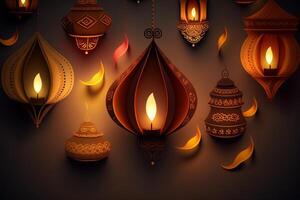 glücklich Diwali oder Deepavali traditionell indisch Festival mit Lampe oder Himmel Laterne. indisch Hindu Festival von Licht mit Lampe oder Licht. Nacht Himmel schwebend Laternen während Diwali Feier durch ai generiert foto