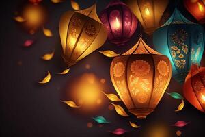 glücklich Diwali oder Deepavali traditionell indisch Festival mit Lampe oder Himmel Laterne. indisch Hindu Festival von Licht mit Lampe oder Licht. Nacht Himmel schwebend Laternen während Diwali Feier durch ai generiert foto