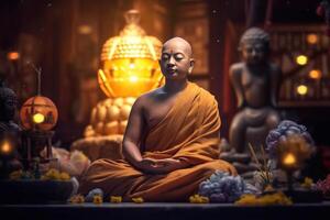 ein Buddha sitzt im ein Garten mit ein Lotus und Kerzen. Hintergrund zum vesak Festival Feier. vesak Tag Konzept. vesak Feier Tag Schöne Grüße durch ai generiert foto