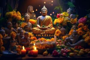 ein Buddha sitzt im ein Garten mit ein Lotus und Kerzen. Hintergrund zum vesak Festival Feier. vesak Tag Konzept. vesak Feier Tag Schöne Grüße durch ai generiert foto