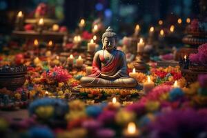 ein Buddha sitzt im ein Garten mit ein Lotus und Kerzen. Hintergrund zum vesak Festival Feier. vesak Tag Konzept. vesak Feier Tag Schöne Grüße durch ai generiert foto