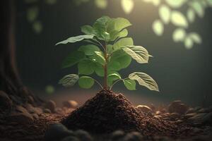 Pflanze wachsend im Bauernhof Boden oder Wald mit Sonnenlicht beim Tageszeit. jung Pflanze ist wachsend. Welt Erde Tag. Welt Umgebung Tag. Erde Erhaltung, Ökologie oder global Erwärmen durch ai generiert foto