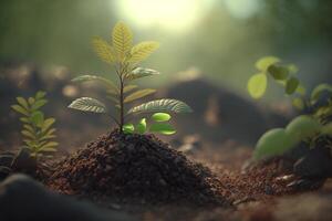 Pflanze wachsend im Bauernhof Boden oder Wald mit Sonnenlicht beim Tageszeit. jung Pflanze ist wachsend. Welt Erde Tag. Welt Umgebung Tag. Erde Erhaltung, Ökologie oder global Erwärmen durch ai generiert foto