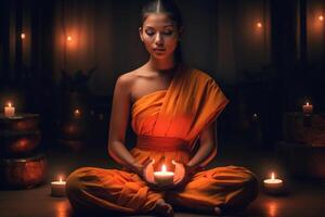 ein Buddha sitzt im ein Garten mit ein Lotus und Kerzen. Hintergrund zum vesak Festival Feier. vesak Tag Konzept. vesak Feier Tag Schöne Grüße durch ai generiert foto